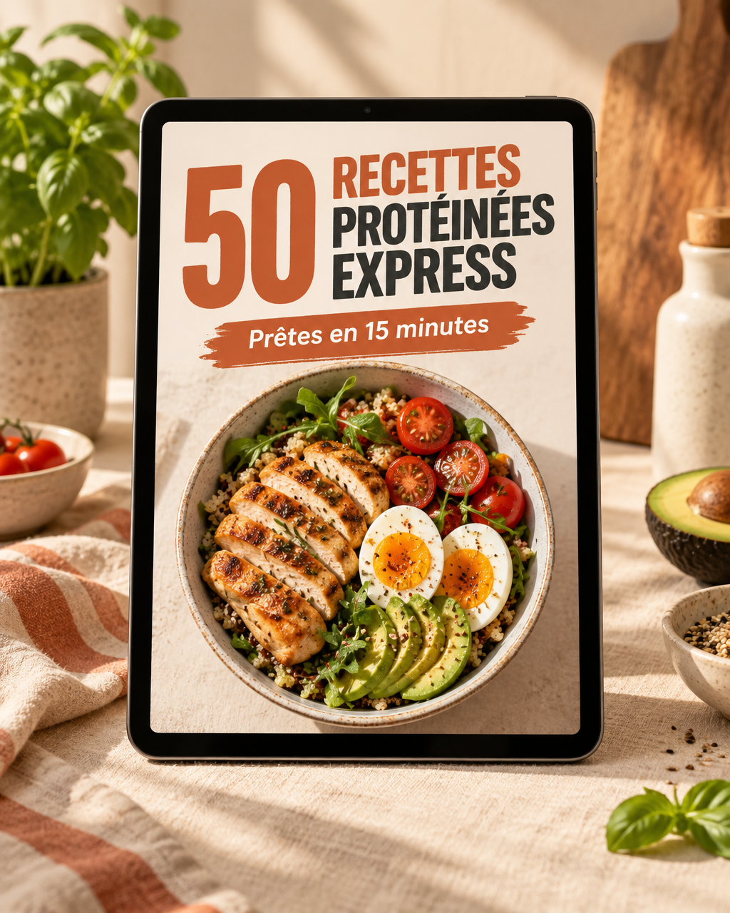 Couverture du guide 50 Recettes Protéinées Express, prêtes en 15 minutes